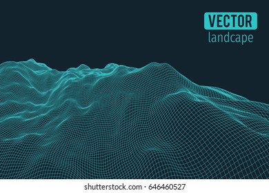 Abstract 3d wireframe landscape grid with text on blue background. Vector illustration