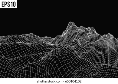 Abstract 3d Wireframe Landscape Grid With Text On Black Background. Vector Illustration