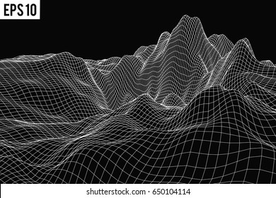 Abstract 3d wireframe landscape grid with text on black background. Vector illustration