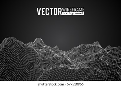 Abstract 3d wireframe landscape grid with text on black background. Vector illustration