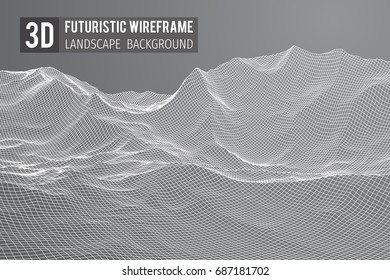 Abstract 3d wireframe landscape grid with text on grey background. Vector illustration