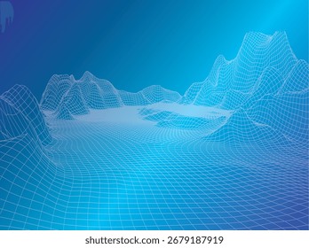 Abstrakte 3D-Drahtmodelllandschaft mit Bergen und Tälern, die ein futuristisches digitales Terrain in Farbverlauf-Blau- und Grüntönen zeigt und Technologie und Innovation symbolisiert."