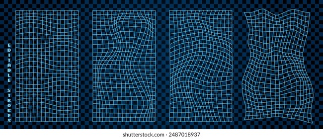 Abstract 3D wireframe mesh grid shapes with wavy patterns. Neon blue Y2K geometry and cyberpunk design elements. Futuristic digital and surreal tech art.