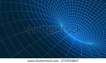 Abstract 3D wireframe mesh tunnel with digital network grid and blue neon glowing perspective for technology, science, and space wormhole design, futuristic structure vector illustration.