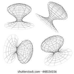 Abstract 3d wireframe objects. 3d, spatial shapes set at 4 angles. Geometric elements.