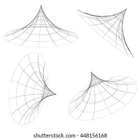 Abstract 3d wireframe objects. 3d, spatial shapes set at 4 angles. Geometric elements.