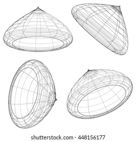 Abstract 3d wireframe objects. 3d, spatial shapes set at 4 angles. Geometric elements.