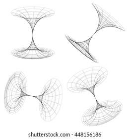 Abstract 3d wireframe objects. 3d, spatial shapes set at 4 angles. Geometric elements.