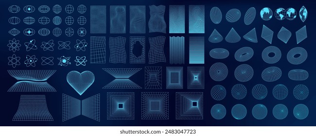 Abstract 3D wireframe shapes, mesh grids, and geometric forms. Neon blue Y2K designs with futuristic and psychedelic patterns. Tech and cyberpunk elements in a surreal digital art.