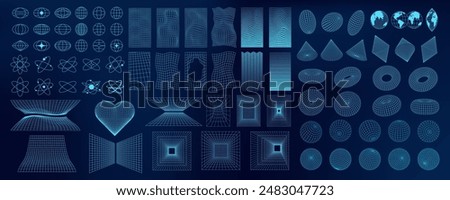 Abstract 3D wireframe shapes, mesh grids, and geometric forms. Neon blue Y2K designs with futuristic and psychedelic patterns. Tech and cyberpunk elements in a surreal digital art.