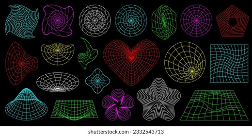 Abstract 3D wireframe shapes, perspective grids and heart. Surreal geometric figures. Rave psychedelic design elements and backgrounds. Y2K retro futuristic aesthetic set. Vector illustration