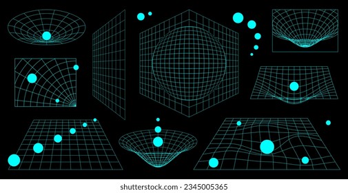 Abstract 3D wireframe shapes, perspective grids and heart. Y2K futuristic retro aesthetic set. Surreal neon geometry figures. Vector design elements isolated on black background.