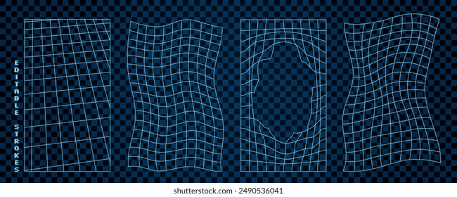 Abstract 3D wireframe shapes with wavy mesh grids. Neon blue Y2K geometry and futuristic patterns. Cyberpunk digital elements with surreal and psychedelic tech art.