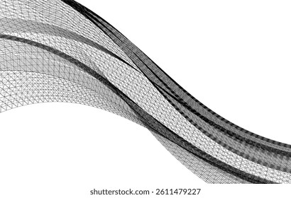 Abstract 3D wireframe waves and shapes, black and white mesh illustration
