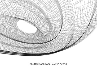 Abstract 3D wireframe waves and shapes, black and white mesh illustration