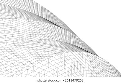Abstract 3D wireframe waves and shapes, black and white mesh illustration