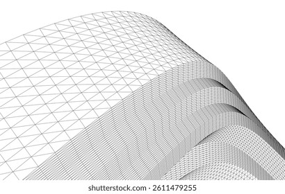 Abstract 3D wireframe waves and shapes, black and white mesh illustration