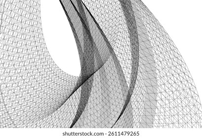 Abstract 3D wireframe waves and shapes, black and white mesh illustration