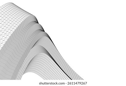 Abstract 3D wireframe waves and shapes, black and white mesh illustration