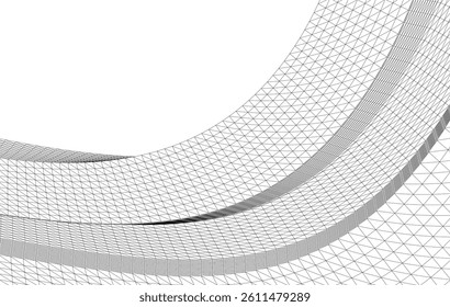 Abstract 3D wireframe waves and shapes, black and white mesh illustration