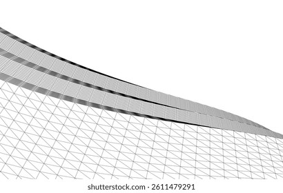 Abstract 3D wireframe waves and shapes, black and white mesh illustration
