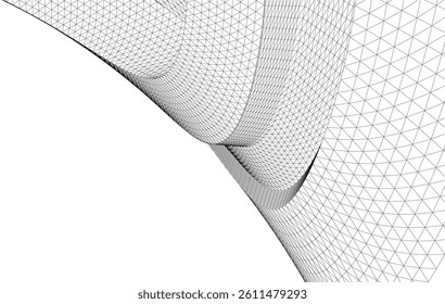 Abstract 3D wireframe waves and shapes, black and white mesh illustration