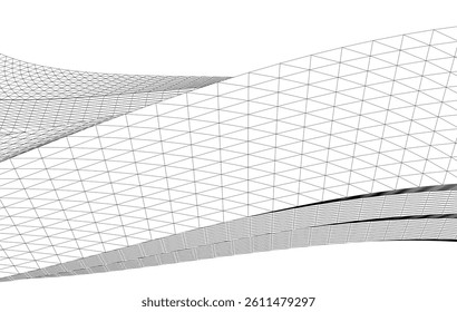 Abstract 3D wireframe waves and shapes, black and white mesh illustration