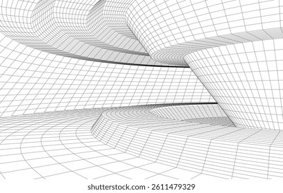 Abstract 3D wireframe waves and shapes, black and white mesh illustration