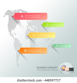 Resumo 3d mapa do mundo infográfico 5 opções, modelo infográfico conceito de negócios pode ser usado para layout de fluxo de trabalho, diagrama, opções de número, linha do tempo ou projeto marcos.