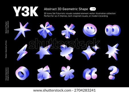 Abstract 3D Y3K Geometric Shape Icons Set, 20 Icons Set Futuristic visuals isolated element vector illustration collection Perfect for sci-fi themes, tech-inspired visuals, or modern branding