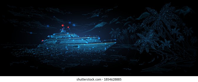 Abstract 3d yacht in the sea, beach and palms in dark blue. Yachting sport, sailing, business, travel concept. Digital vector wireframe with connected dots. Low poly mesh art looks like starry sky