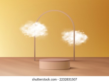Abstract 3D yellow background with realistic beige cylinder pedestal podium, White cloud flying. Luxury minimal wall scene mockup stand product display. Vector geometric forms. Stage for showcase. 