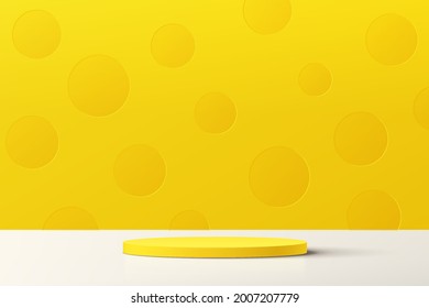 Abstract 3D yellow cylinder pedestal podium with pastel yellow polka dot minimal wall scene. Vector rendering geometric platform design for cosmetics product display presentation.