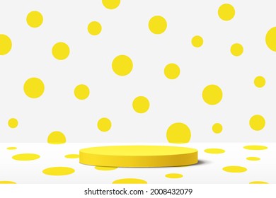 Abstract 3D yellow cylinder pedestal podium with pastel yellow polka dot wall scene on white room. Vector rendering minimal geometric platform design for cosmetics product display presentation.