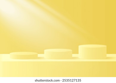 Abstractas fondo de podio amarillo 3D. Maqueta minimalista moderna para presentación de productos. Realista podio de pedestal de cilindro amarillo. Escaparate geométrico con espacio de copia. 