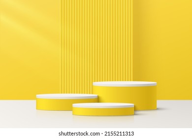 Abstract 3D yellow room with set of realistic white and yellow cylinder pedestal podium. Minimal vertical texture scene for mockup product display. Vector geometric forms design. Stage for showcase.