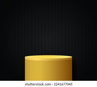 Abstrakte 3D-gelbe Stufen zylindrische Podiumfußboden mit schwarz gestreiften minimalen Wandstufen für die Präsentation kosmetischer Mittel. Entwerfen einer geometrischen Vektorgrafik-Renderungsplattform.