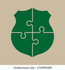Resumen de 4 piezas de puzzle escudo infográfico. Presentación del rompecabezas de cuatro caras. Ilustración del vector