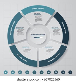 Abstract 5 steps modern pie chart with set of icons for presentation. Infographics elements.Vector illustration.
