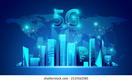 Abstract 5G hologram network wireless internet Wi-fi connection and internet of things on city background Smart city and communication network concept .