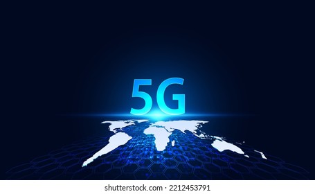 Abstract 5G holographic network wireless internet Wi-fi connection and internet of things on world map background.Connected To 5G Network