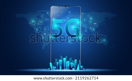 Abstract 5G holographic network wireless internet Wi-fi connection and internet of things on city background.Mobile Phone Connected To 5G Network