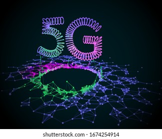 Resumen de Internet 5G con líneas y puntos sobre fondo oscuro. Concepto de red global de alta velocidad. Ilustración vectorial.