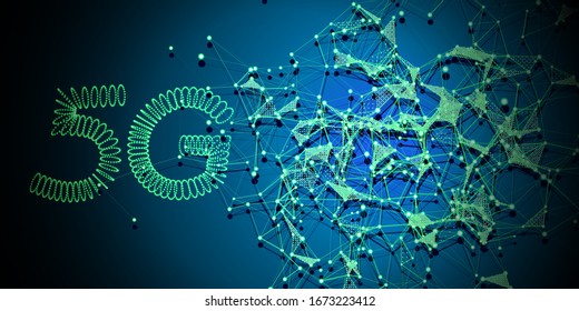 Abstract  5G wireless internet background. Global network high speed concept. Vector illustration with lines and dots on blue.