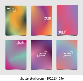 Abstract 6 fluid shapes mesh gradient colors backgrounds set. Modern vector template for brochure, flyer, cover, catalog, poster etc in A4 size. Colorful fluid graphic composition.