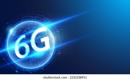 abstract 6G global dot network connection and communication futuristic on blue background.