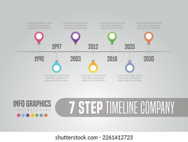 Abstract 7 steps Timeline infographic elements. Vector illustration. Company milestone infographics.