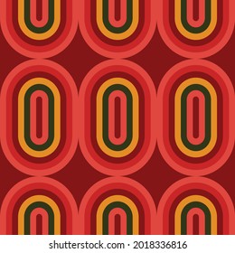 Abstract 70's and 60's groovy seamless vector pattern. Funky seventies vintage wallpaper design with red, yellow, pink and green colours. Bold, rainbow, retro geometric repeating background texture.