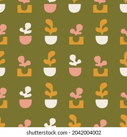 Abstract 70s floral pattern. Vector seamless pattern in retro style and colors. Perfect flower repeat pattern for wallpaper or fabrics. Cute shapes. 