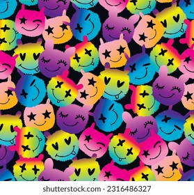 Abstract 70s style seamless pattern with smiling faces. Cartoon dudes character. Colourful emotion muzzles repeat print for kids textile, fashion clothes, wrapping paper.